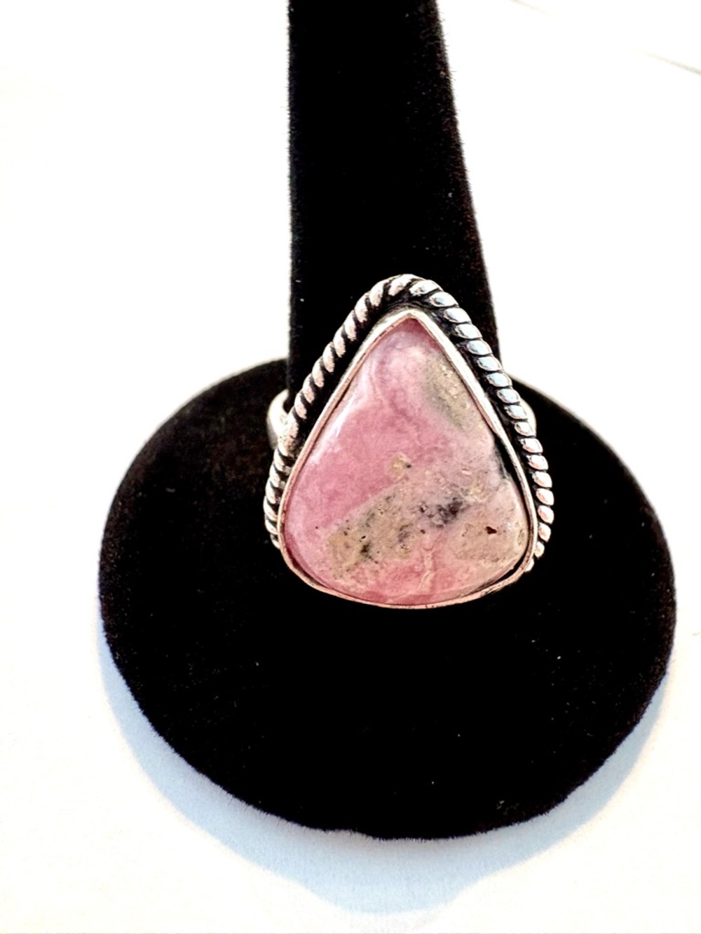 Beautiful, 1 inch, 925 marked, Rhodochrosite gemstone ring, size 7.